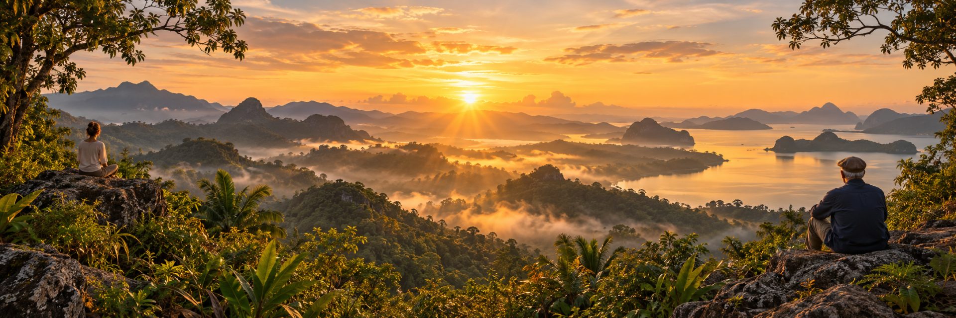 A golden sunrise over misty tropical hills and a quiet lagoon
